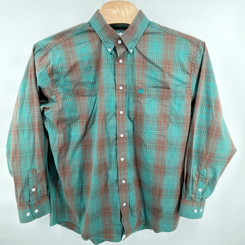 Panhandle Rough Stock Button Down Mens XL Teal Brown Plaid Western Stretch Shirt